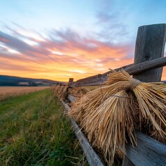 Rural fence with straw bundles, countryside landscape, sunset glow