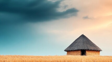 Rural straw-walled hut, traditional architecture, moody sky