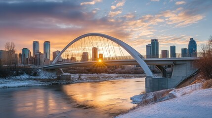 Obraz premium A stunning bridge over a river with city skyline in the background,