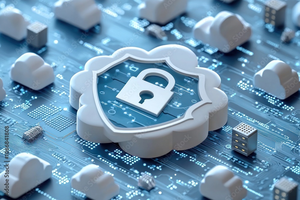 Poster Cloud Security with a Lock and Shield Symbol on a Circuit Board