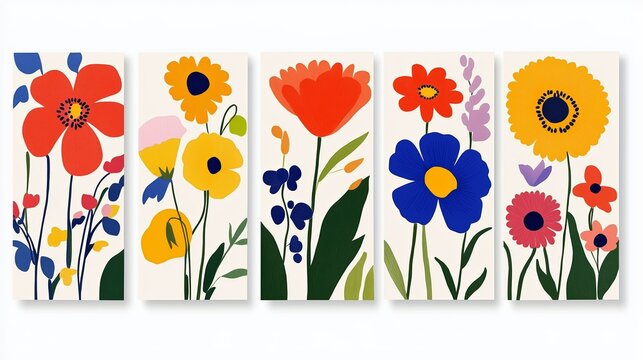 Colorful floral art display featuring vibrant flowers and botanical elements on a white background in a modern design