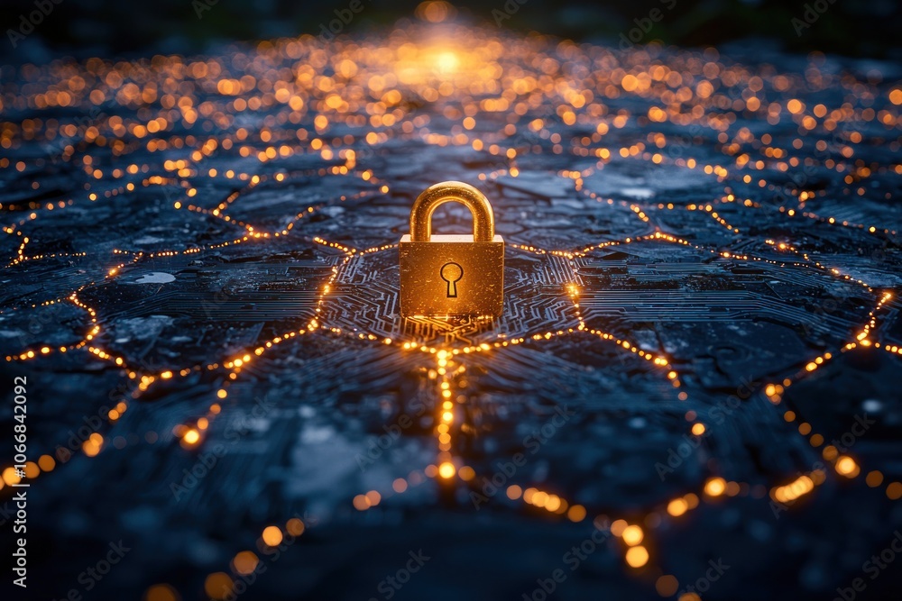 Poster A Golden Padlock Resting on a Circuit Board with Glowing Lines