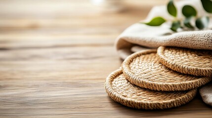Rustic table setting with straw coasters, earthy colors, countryside dining