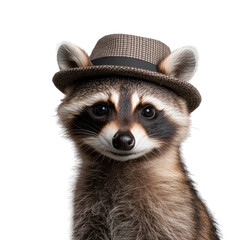 Raccoon with grey hat looking curiously on transparent background