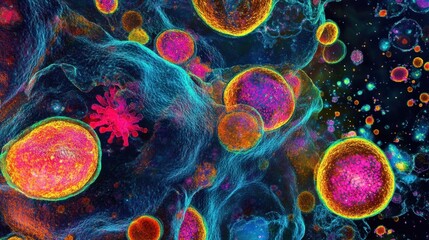 Microscopic view of stem cells with vibrant colors, symbolizing the study of regenerative medicine