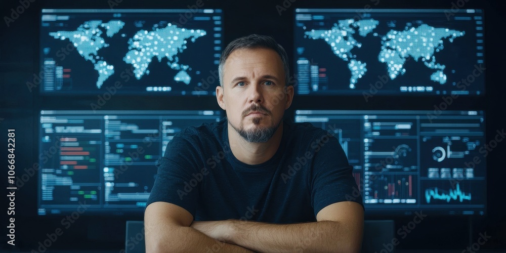 Poster professional man analyzing data in a modern office environment with screens.