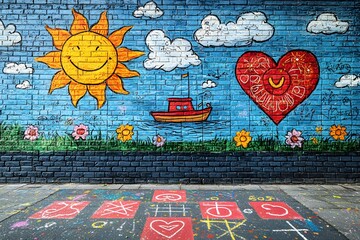 Vibrant street mural with heart, sun, and playground chalk art in urban setting