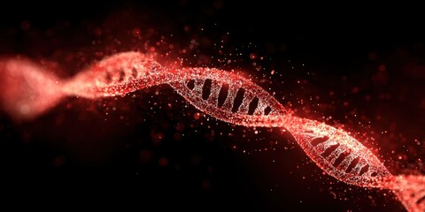 Red DNA double helix on a black background with glowing particles.