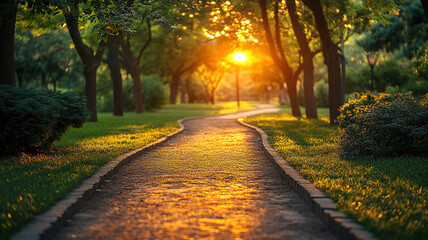 Obraz premium Peaceful park pathway bathed in sunlight with soft shadows as the day transitions to evening