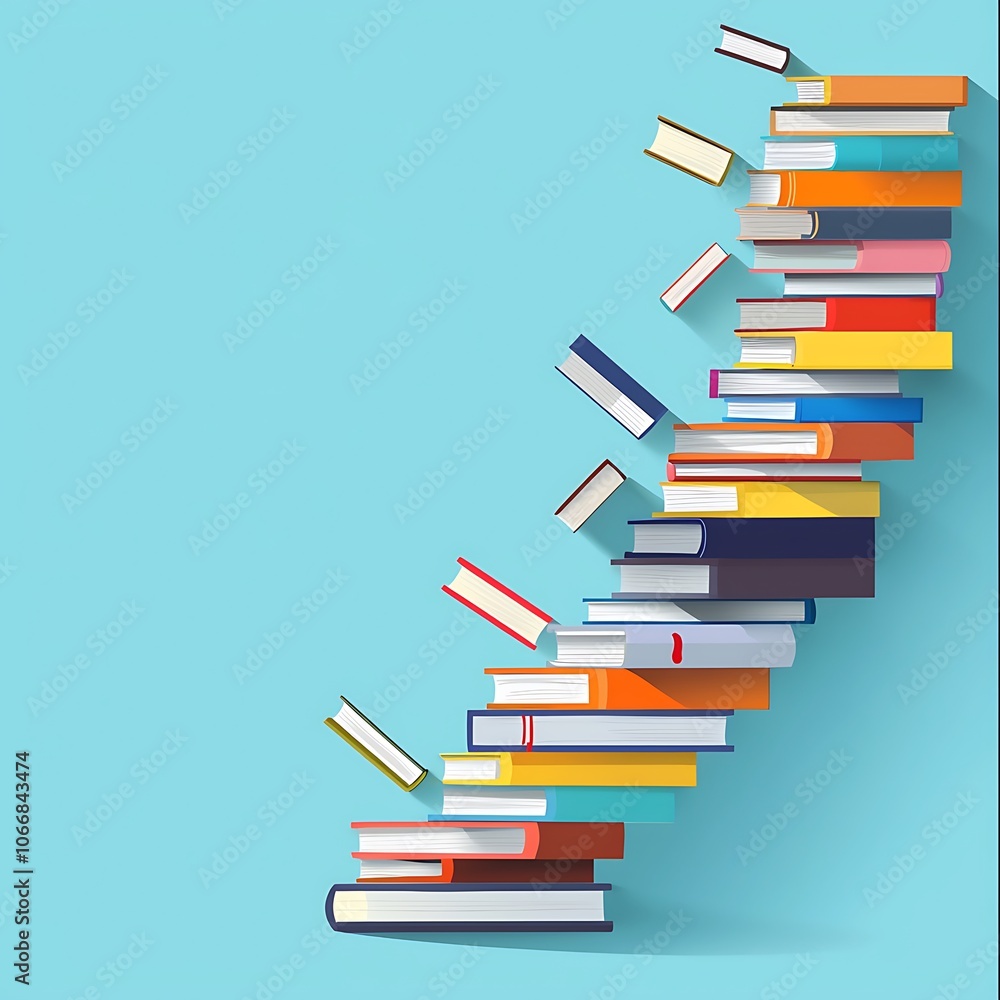 Poster a stack of books is piled up in a way that they look like they are falling