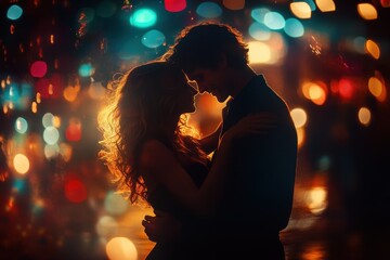 Silhouette of a couple embracing. Perfect for representing love, romance, and city life.