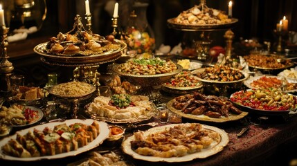 Fototapeta premium An opulent feast featuring a variety of international dishes