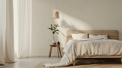 A minimalist bedroom with a bed, bedside table, and a plant.