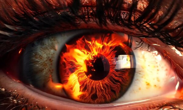 closeup eye of fire woman on background