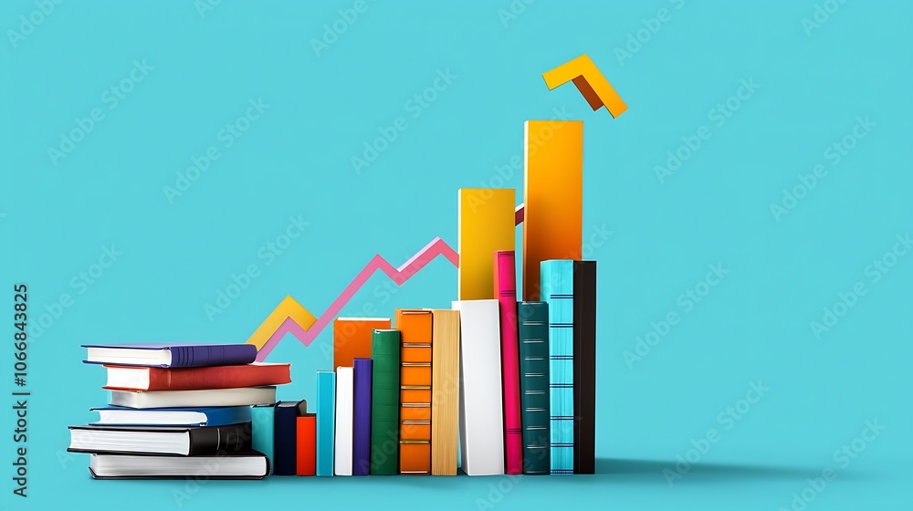 Poster a stack of books is shown with a graph that is rising
