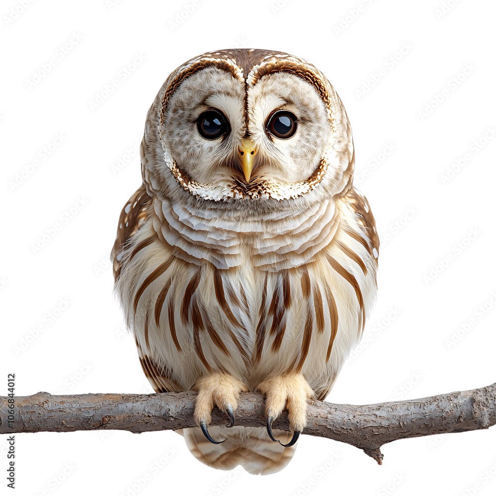 Poster a close-up of a barred owl perched on a branch, with large expressive eyes and intricate feather pat