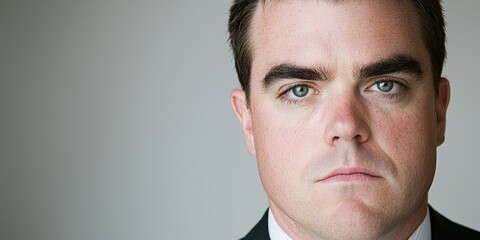 Fototapeta premium Serious man in formal attire, portrait against a plain background.
