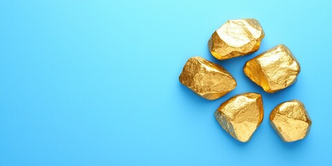 Shiny gold nuggets on a vibrant blue background, perfect for various uses.