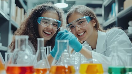 two young female scientists are collaborating on an experiment, mixing colorful liquids in beakers.