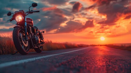 Motorcycle Parked on the Roadside with a Sunset in the Background and Selective Focus