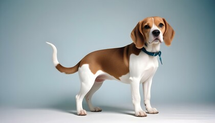 brown and white beagle dog sitting with its tail wagging on a white background, featuring its distinctive markings and playful demeanor create with ai