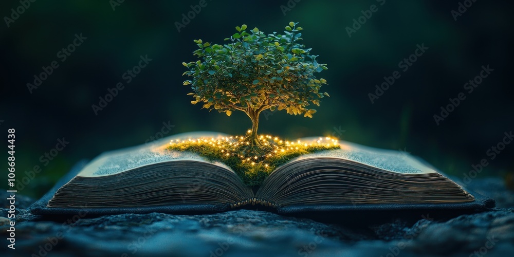 Poster a miniature tree grows from an open book, illuminated by fairy lights