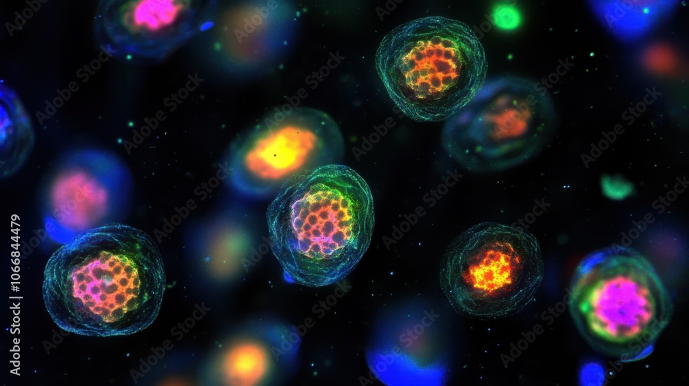 Poster stem cells with vibrant nuclei floating in liquid, symbolizing advancements in cellular science