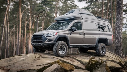 Futuristic offroad camper van on rocks in the woods
