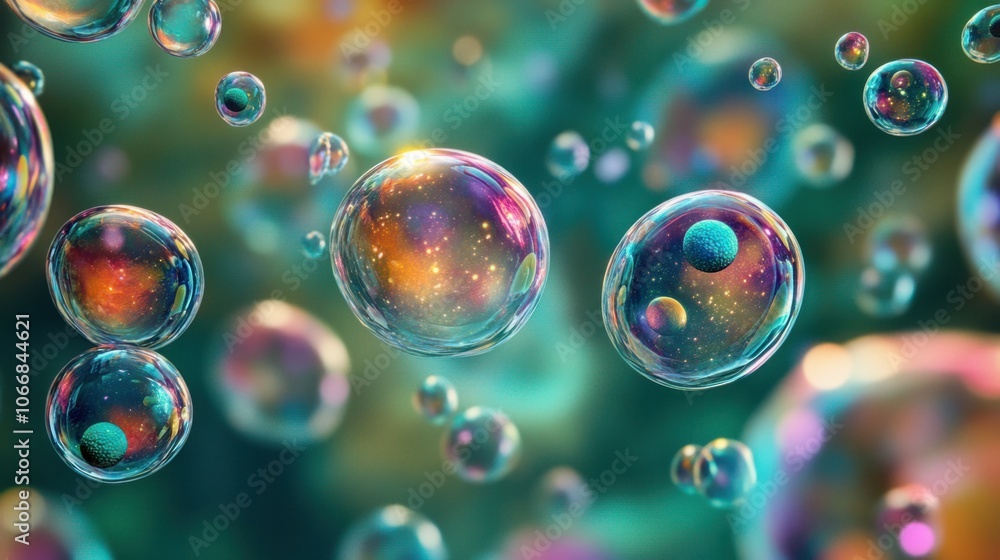 Poster stem cells with vibrant nuclei floating in liquid, symbolizing advancements in cellular science