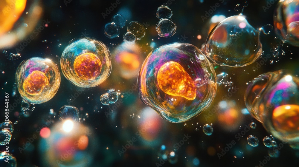 Poster stem cells with vibrant nuclei floating in liquid, symbolizing advancements in cellular science