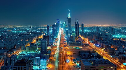 Fototapeta premium Riyadh Skyline at Night Featuring Kingdom Centre Tower and Iconic Cityscape Landmarks