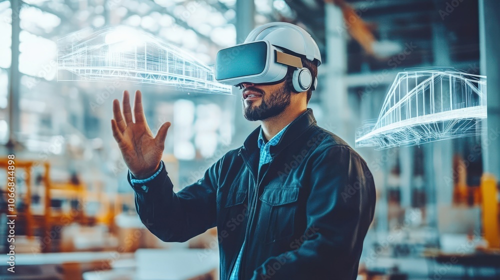 Poster an engineer is immersed in virtual reality, using innovative technology to create and manipulate fut