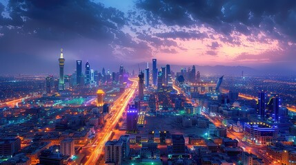 Riyadh Skyline at Night Featuring Kingdom Centre Tower and Iconic Cityscape Landmarks