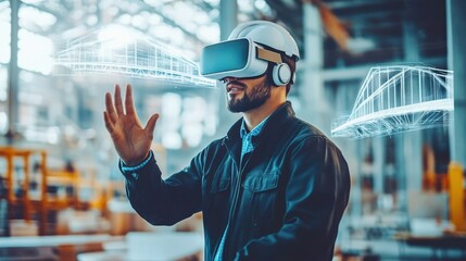 An engineer is immersed in virtual reality, using innovative technology to create and manipulate futuristic architectural designs in a contemporary workspace