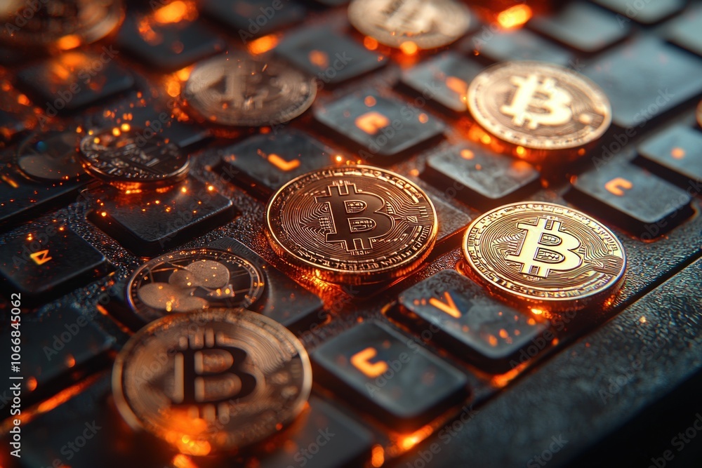 Poster Close-up of Golden Bitcoin Coins on a Glowing Keyboard