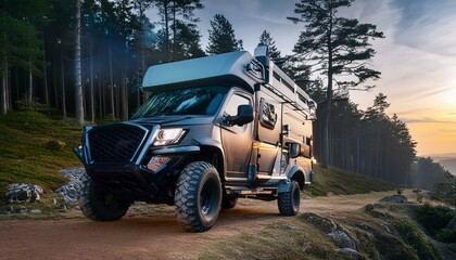 Futuristic offroad camper van on rocks in the woods