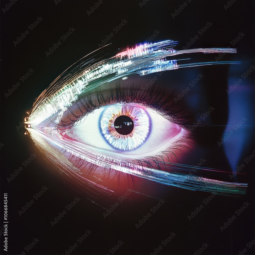 Poster an eye showcases intricate patterns and dynamic colors, merging organic and digital elements in a st