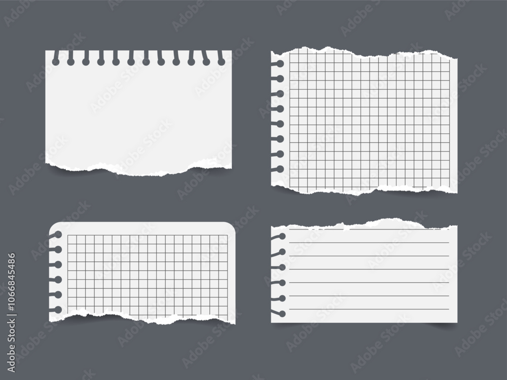 Poster set of notebook paper sheet fragments with ripped edges. realistic torn notepad paper scraps. perfec