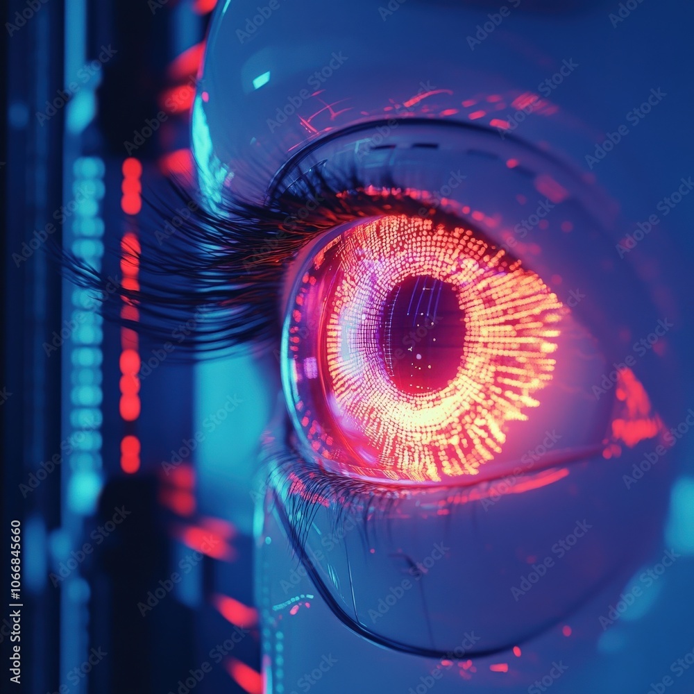 Poster a close-up view showcases a digital eye featuring vibrant colors and intricate patterns, reflecting 