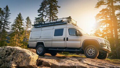 Futuristic offroad camper van on rocks in the woods