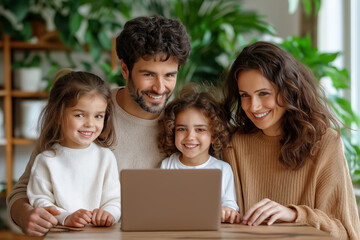 Smiling Young Family Engaged in Online Education at Home, Parents with Two Daughters Learning Together on Laptop