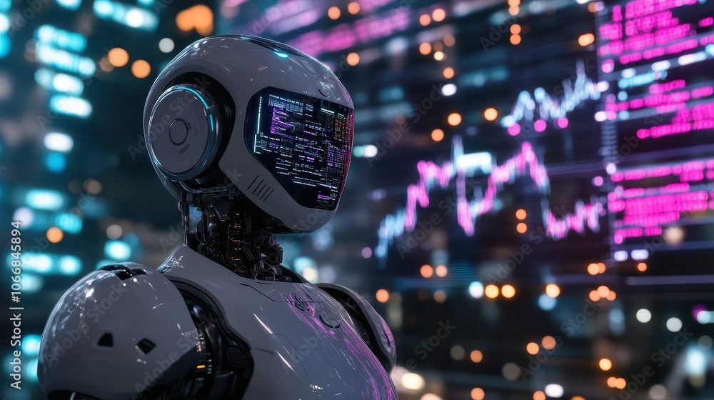 Poster ai robot analyzing data in futuristic stock market