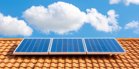 Naklejka premium Solar panels on a tiled roof under a clear blue sky with fluffy clouds.