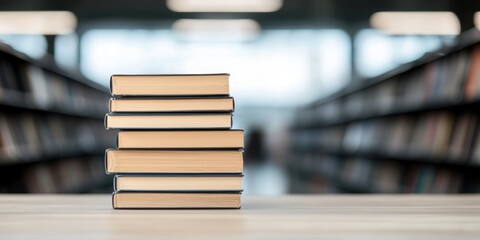 Stack of books on a table in a library, modern indoor setting.