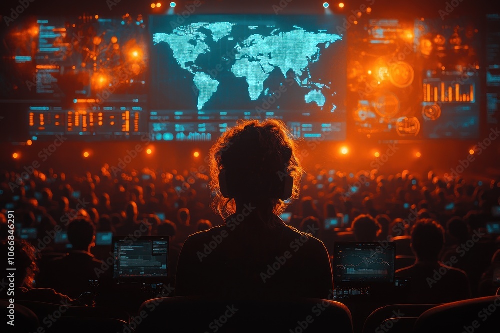 Poster Silhouette of a Person in a Dark Auditorium with Screens Displaying Data