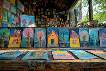 Fototapeta premium Vibrant outdoor art studio display featuring colorful pastel paintings