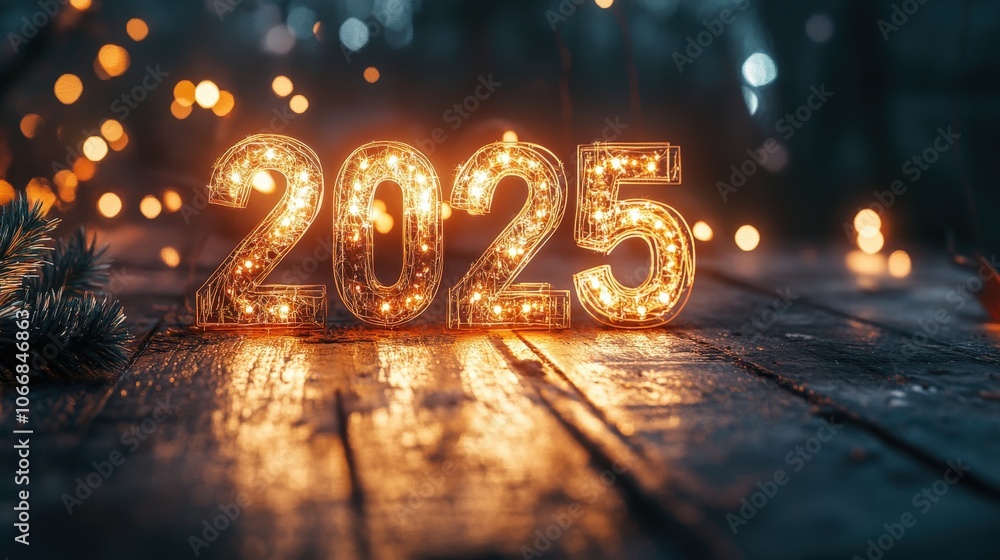 Poster a vivid arrangement of the numbers 2025 shines brightly on a rustic wooden surface. the display is e