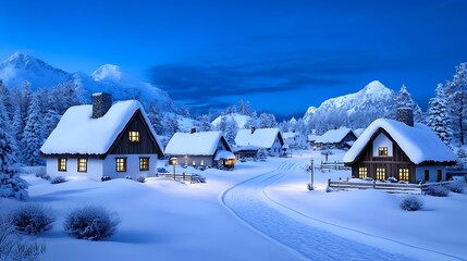 Naklejka premium Snowy Mountain Village Winter Night Lights