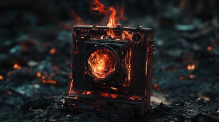 A burning old-fashioned camera with dark red and black flames consuming its wooden body. 