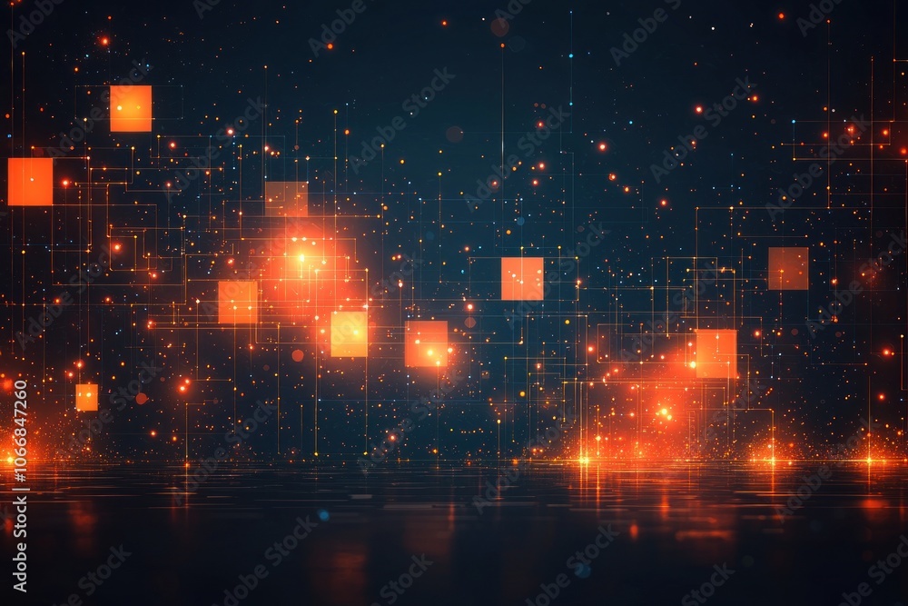 Aufkleber abstract digital network with glowing orange squares and lines